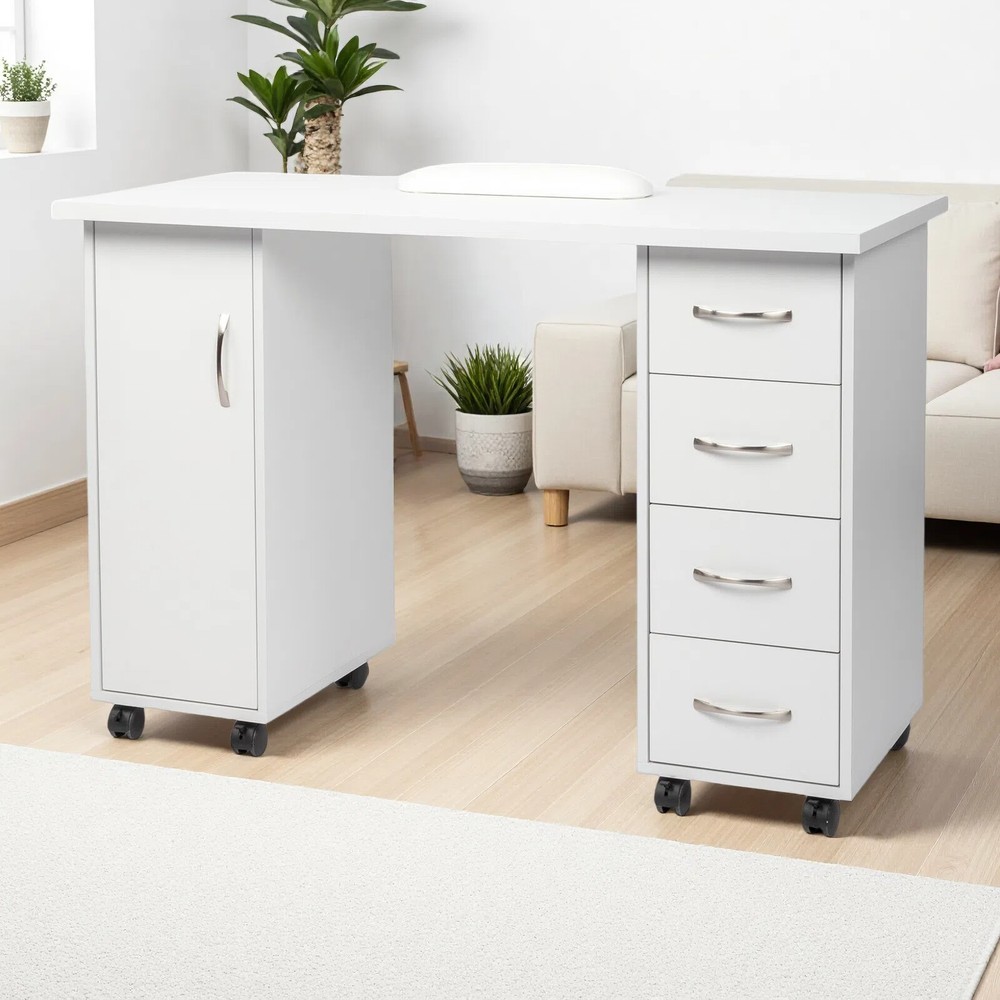 Rolling Computer Desk - White, 4-Drawer, Shelves Storage & MDF ​Nail Table​