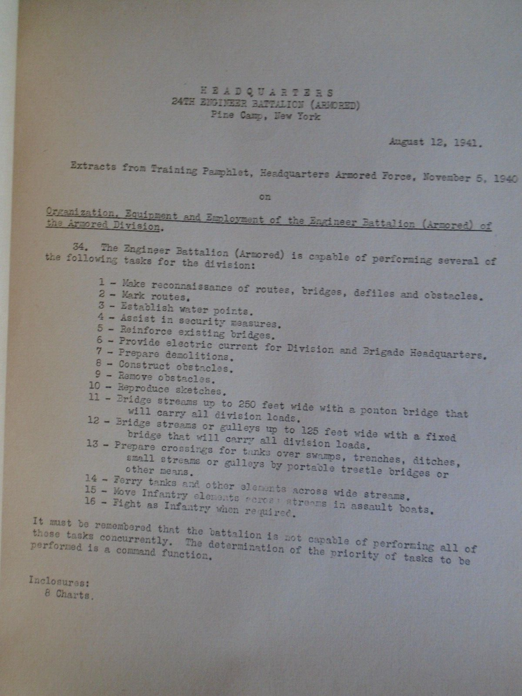 24th Engineer Battalion, 4th Armored Div., Pine Camp, 1941 conference notes