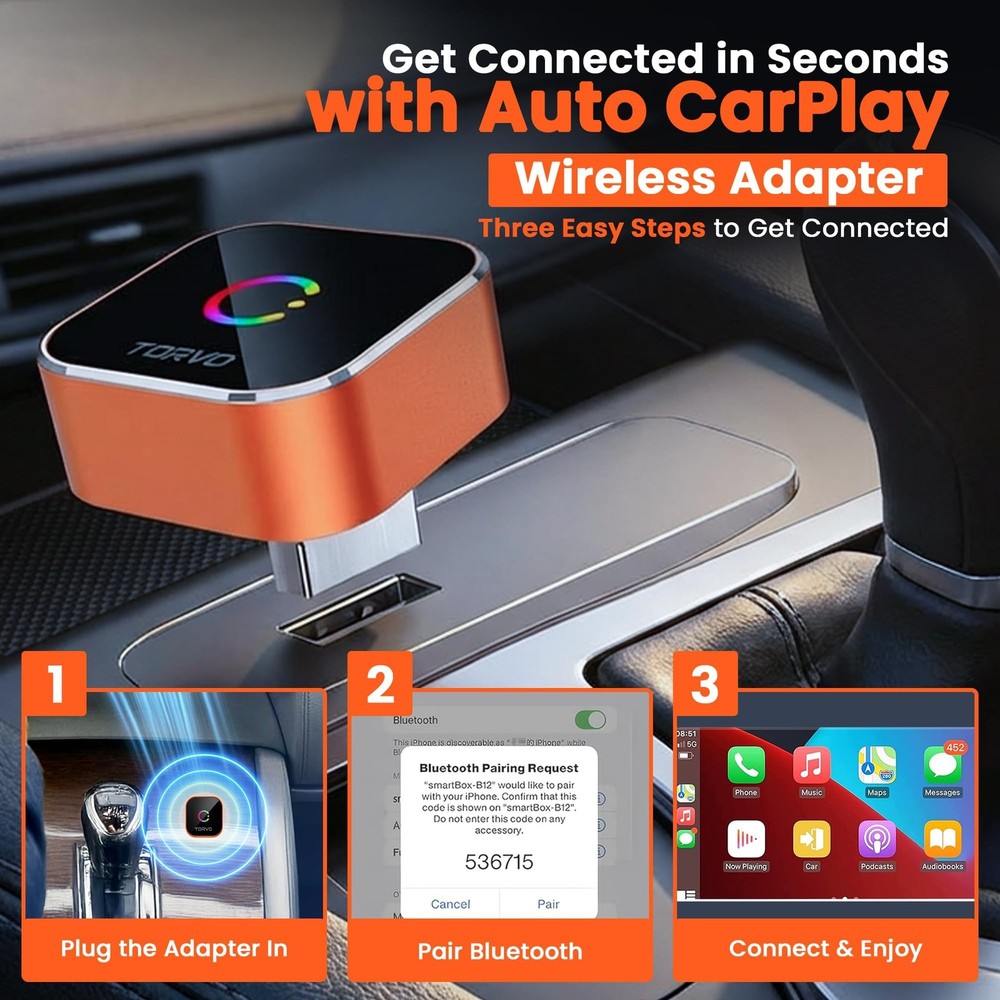 TORVO Mini Wireless CarPlay Adapter for Car Wireless Android Auto, Plug & Pla...