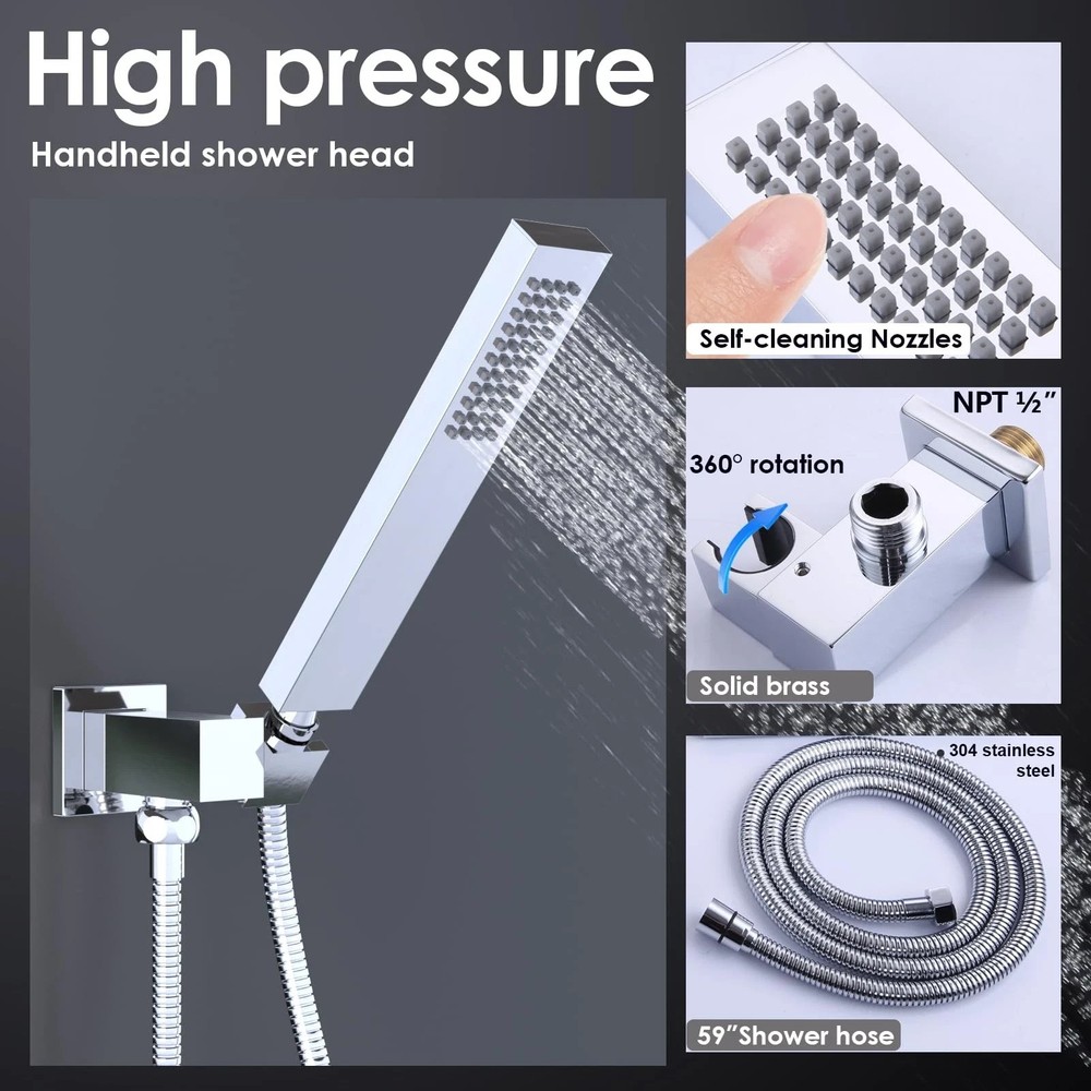 Square Solid Brass Hand Held Wand Shower Head with Wall Connector and Stainle