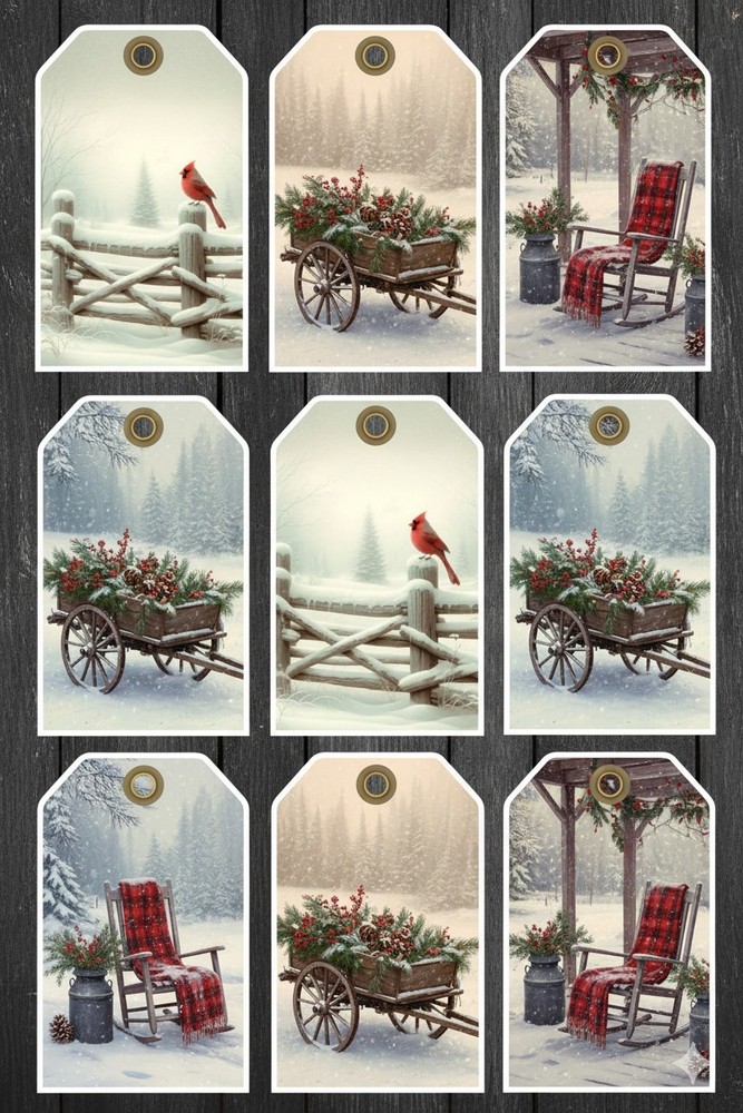 Set Winter Cardinal  Tags Junk Journal Scrapbook
