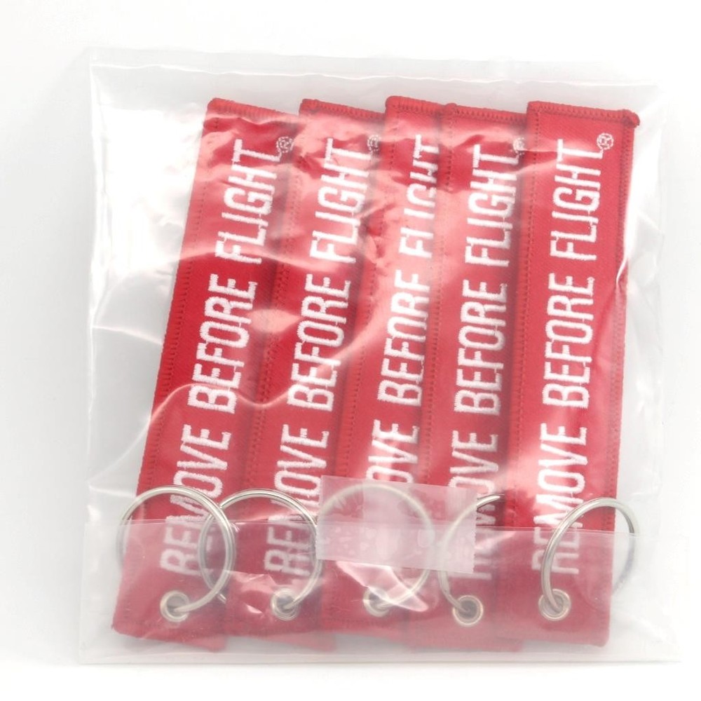 REMOVE BEFORE FLIGHT KEYCHAIN - RED/ White QTY= 5 TAGS - FLAG PILOT CREW KEY