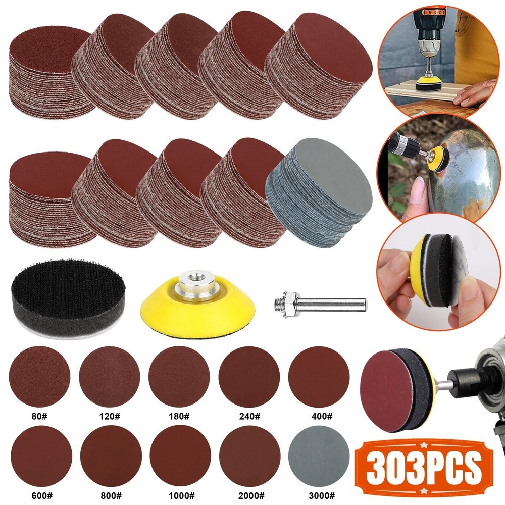 303Pcs 2" Sanding Disc Hook Loop Sander Paper Backer Pad + Drill Adapter Kit