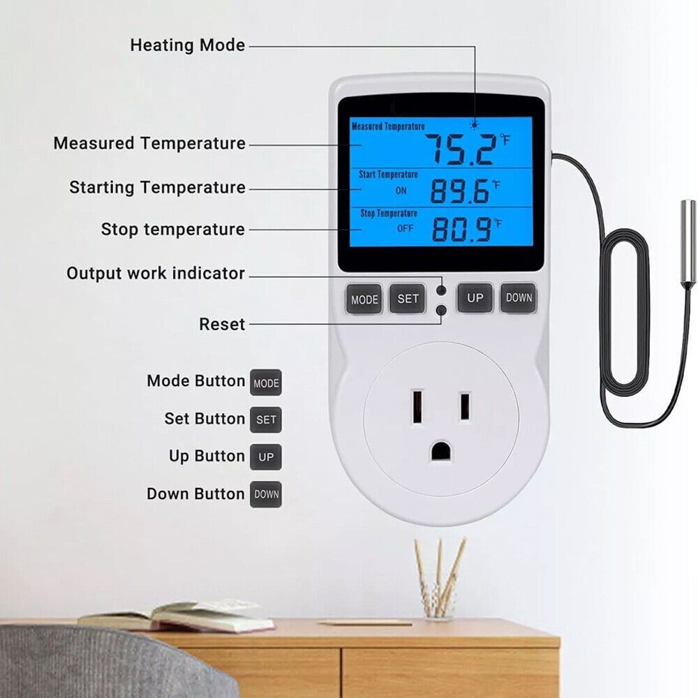Digital Thermostat Outlet Plug Temperature Controller Heating Cooling w/ Probzh8