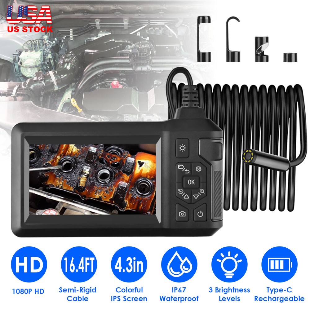 8 LED Adjustable Industrial Borescope Endoscope Camera w/16.4FT Semi-Rigid Cable