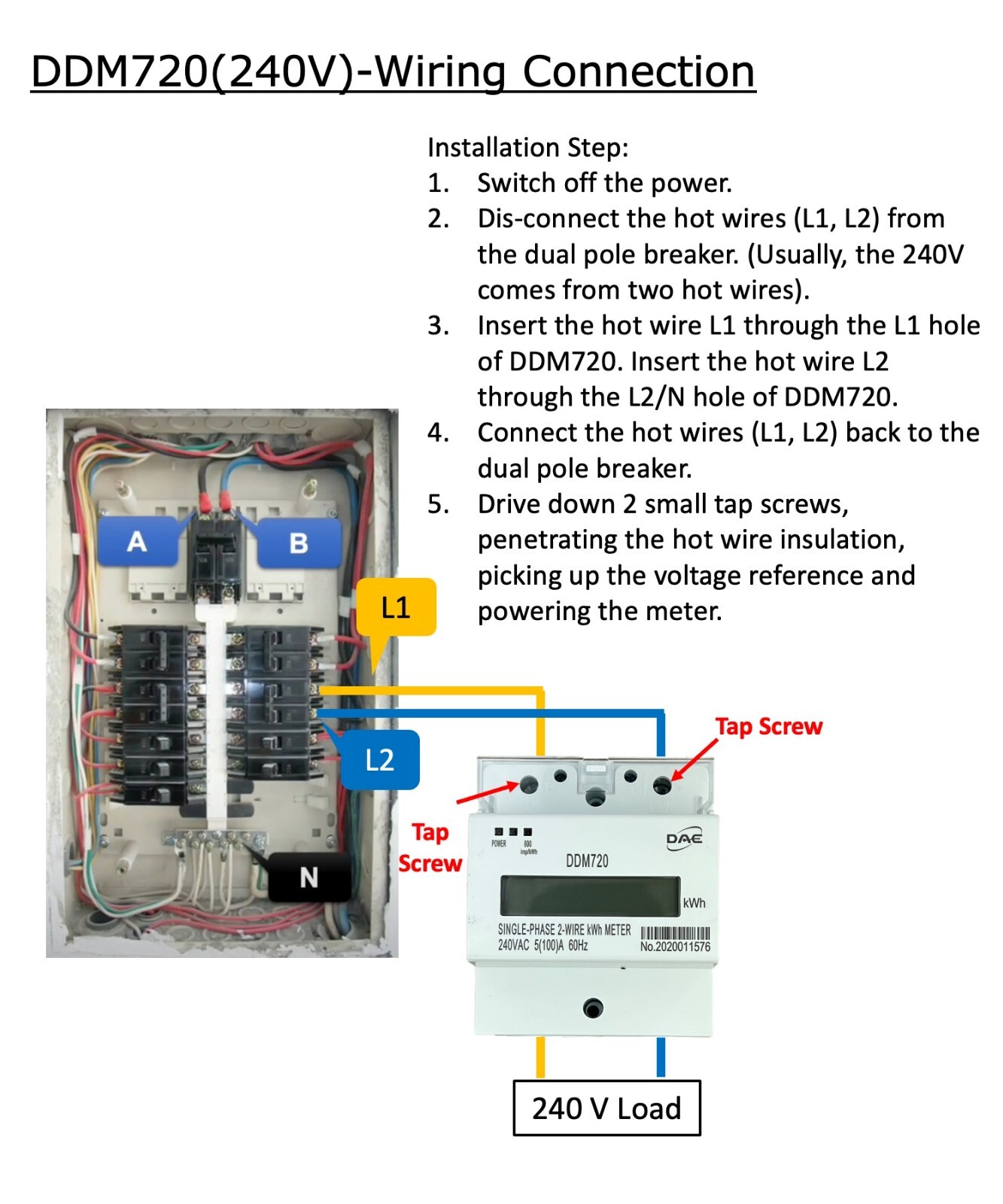 DAE DDM720 240V kWh Meter, 100A, 1P2W (2 hot wire), Internal CT, Pass Through
