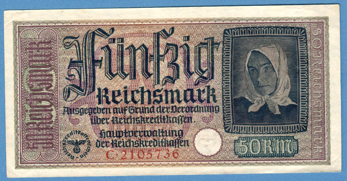 1940-45 GERMANY OCCUPIED TERRITORIES 50 RM EAGLE W/H SWASTIKA aUNC 1438