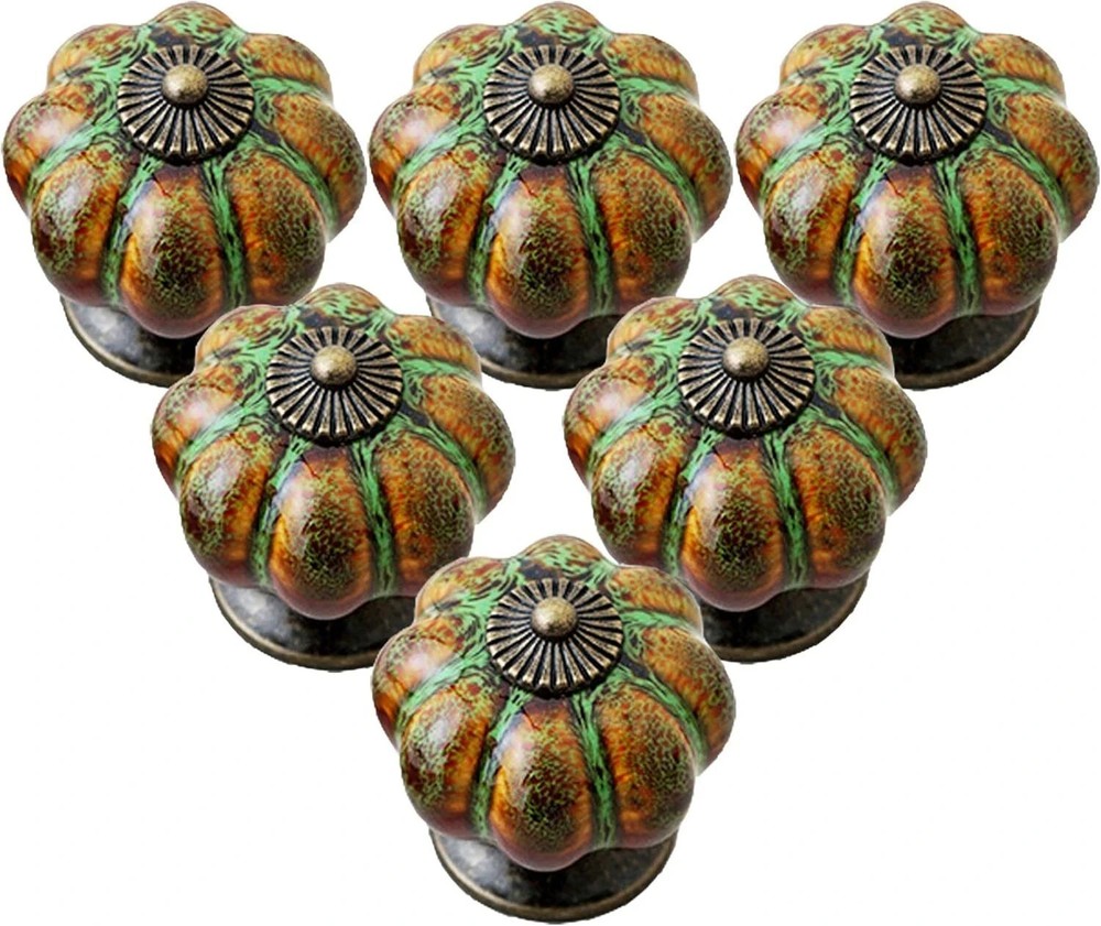 Ceramic Glazed Cabinet Knobs Pumpkin Shape Classy Vintage Green