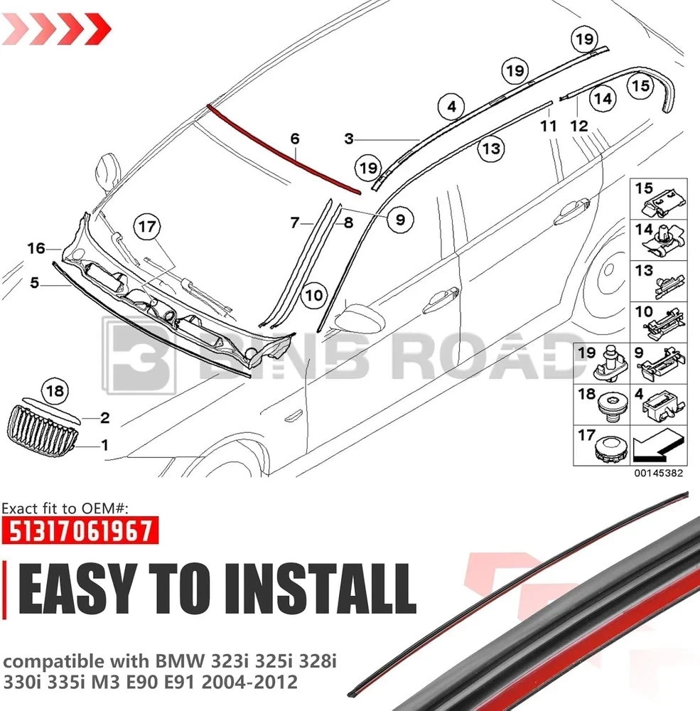 Front Upper Windshield Moulding Seal 51317061967 Compatible with E90 E91 320i