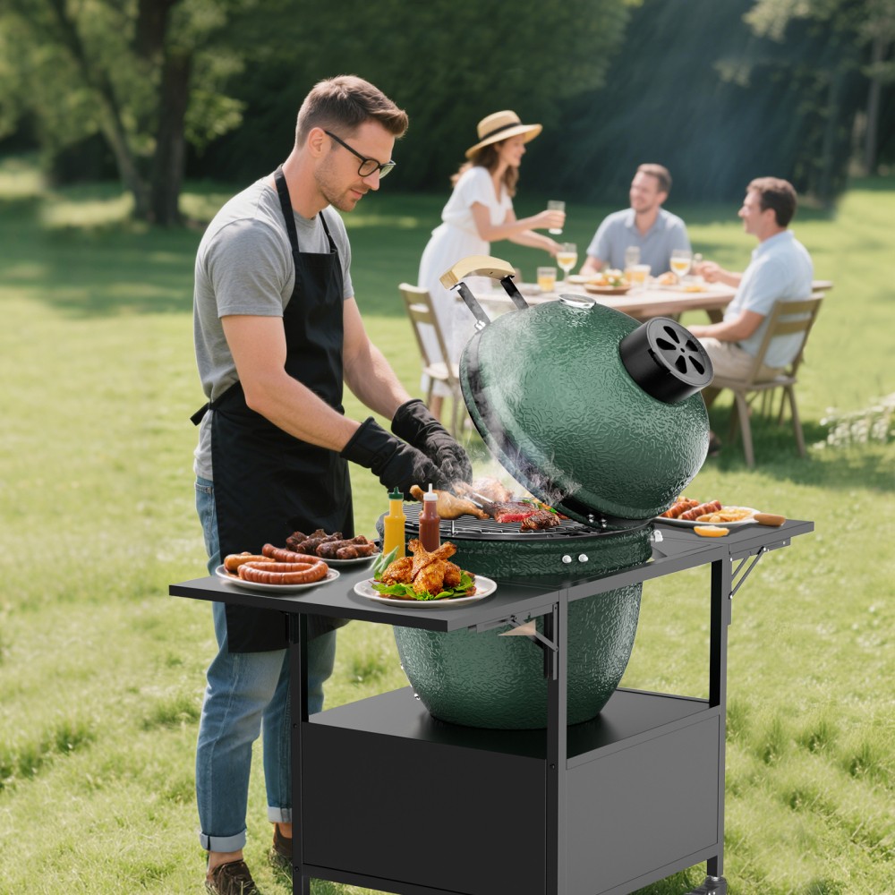 Outdoor Grill Table for Big Green Egg BBQ Metal Grill Cart 2 Folding Panels