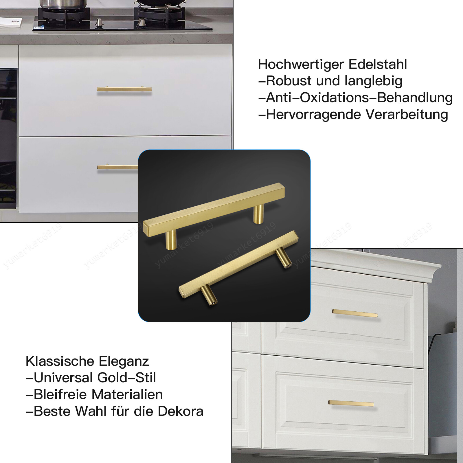 Stainless Steel Kitchen Square Cabinet Handles Brushed Gold T-Bar Drawer Pulls
