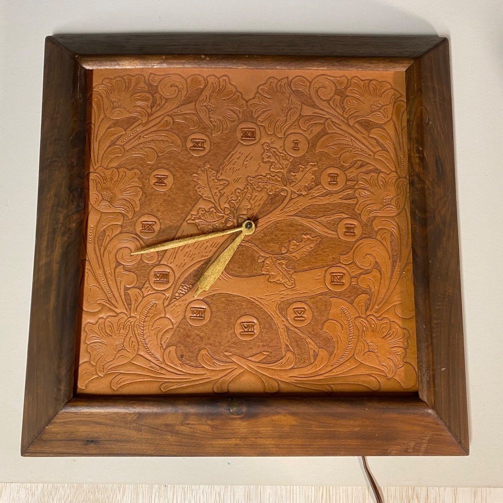 Vintage Square Tooled Leather Clock 16" Wood Frame Plug In • Works!