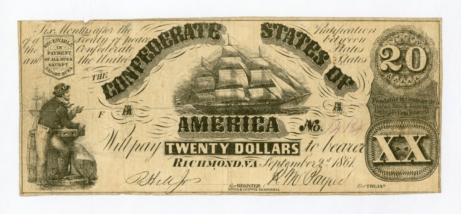 1861 CT-18 $20 The Confederate States of America (CTFT.) Note - CIVIL WAR Era