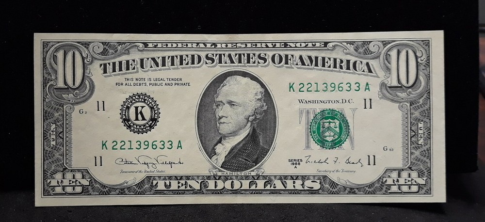 1988 $10 Federal Reserve Note - Blank Back Error! - 9633 A