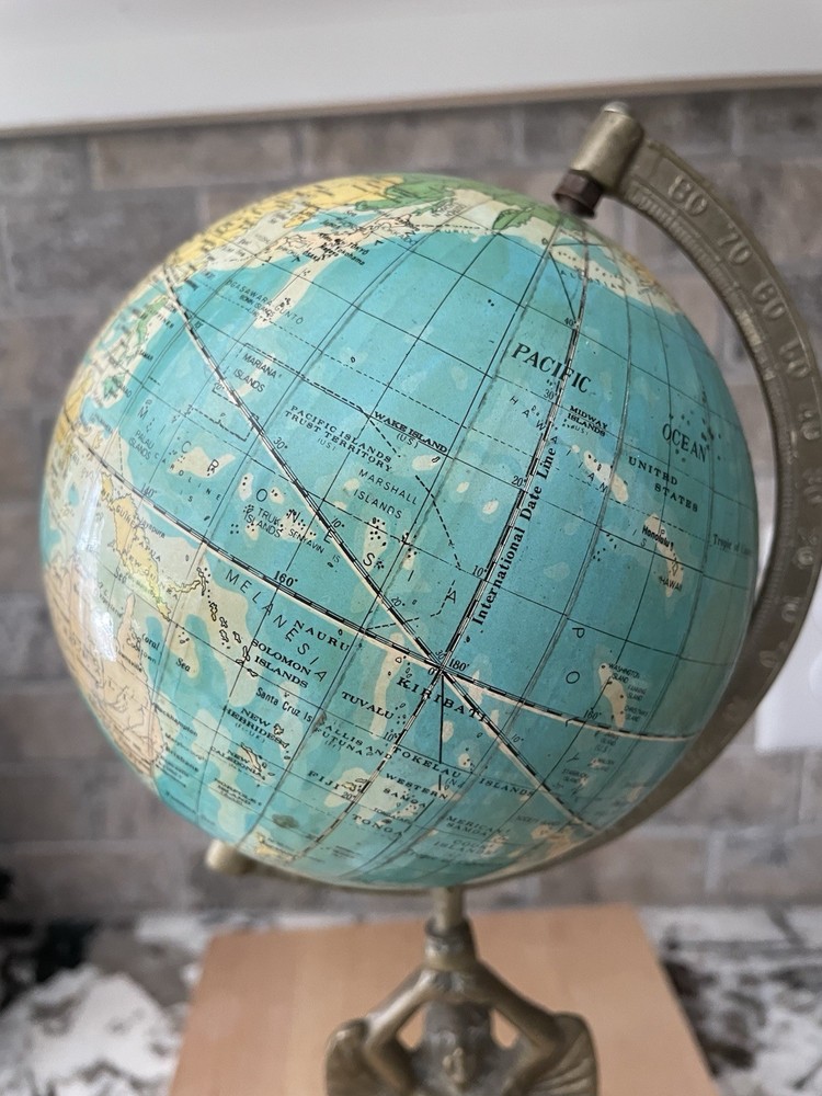 Vintage Desktop Globe With Brass Statue And Marble Base ￼