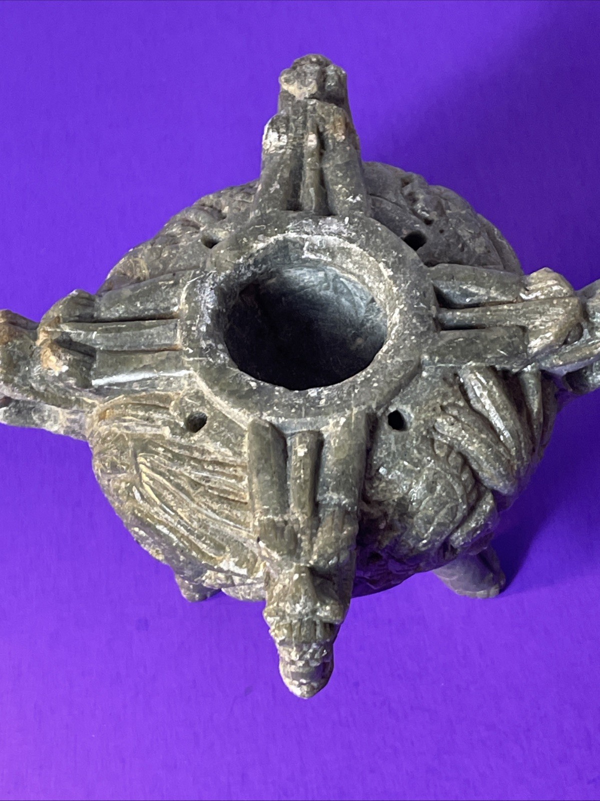 Chinese Stone TRIPOD Jar Lidded Dragon Lion Carved Two Piece Incense Burner