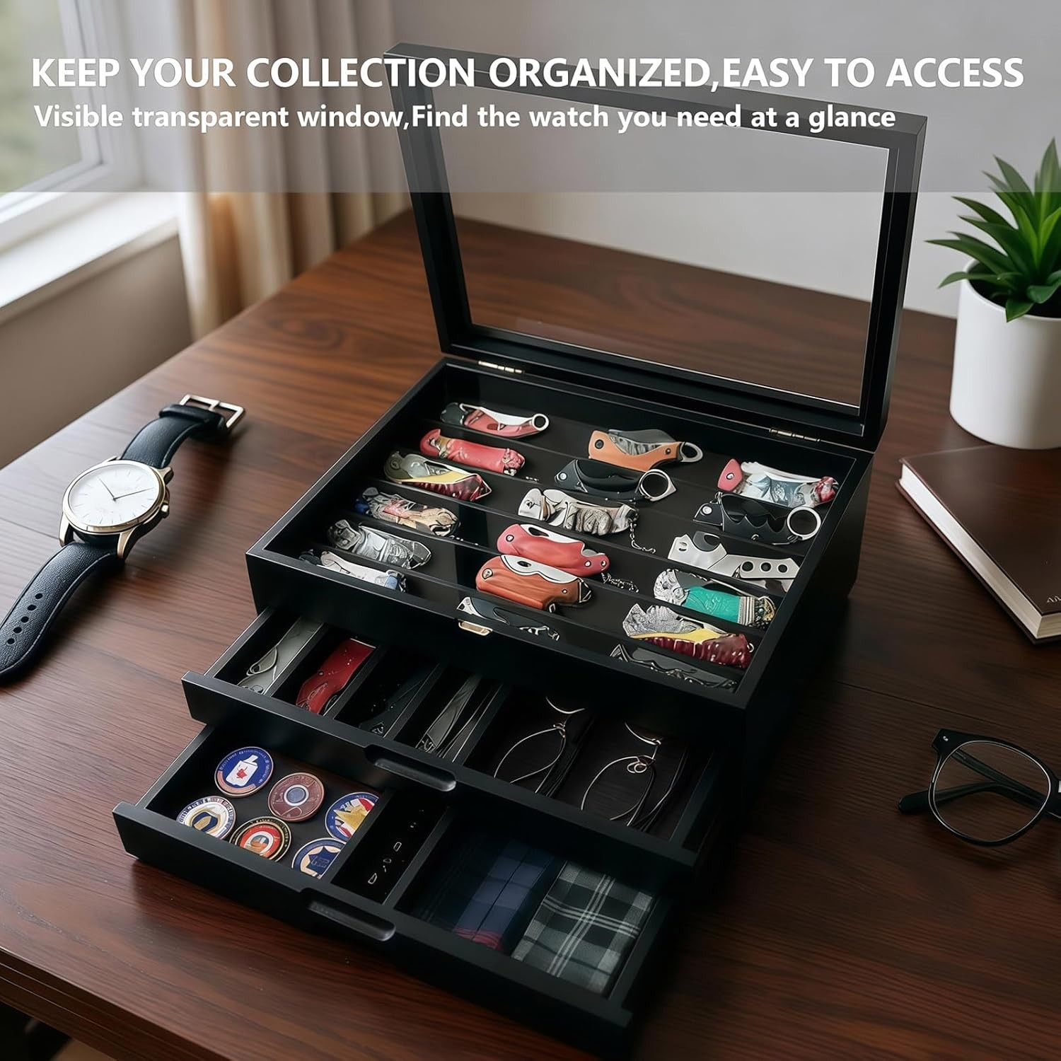 Knife Display Case 43+ Wood Black EDC Pocket Knives Watch Organizer Storage Box