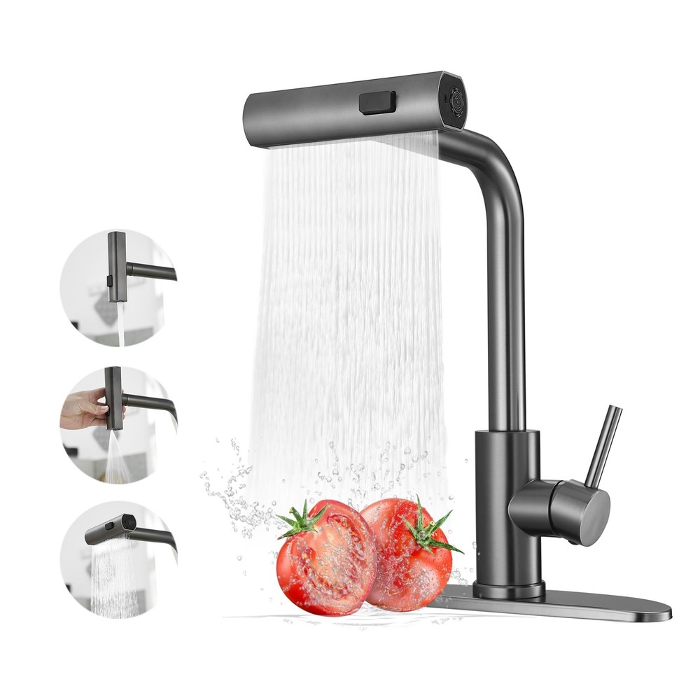 Commercial Stainless Steel Pull-Down Kitchen Faucet, Waterfall 3-Function, Gray