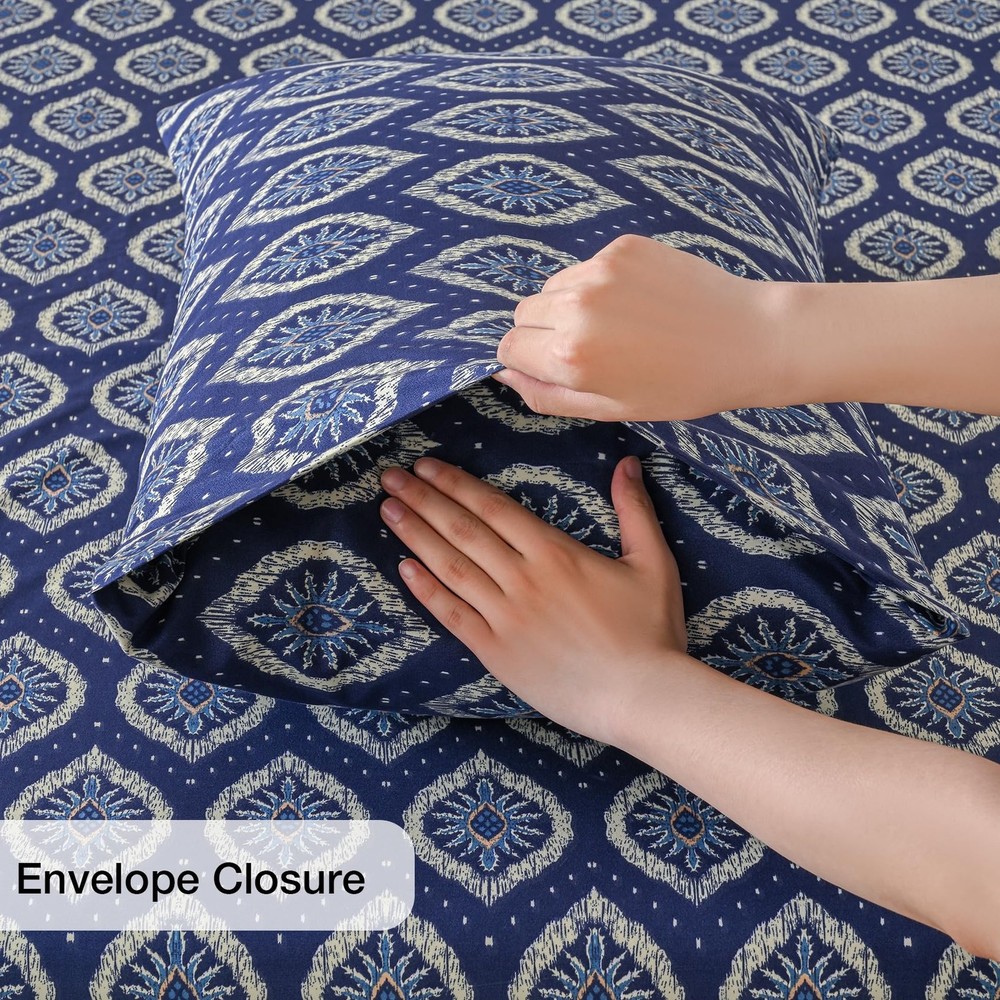 Yibeizi Navy Blue Boho Patterned Queen Sheet Set Microfiber 4 Piece Bedding