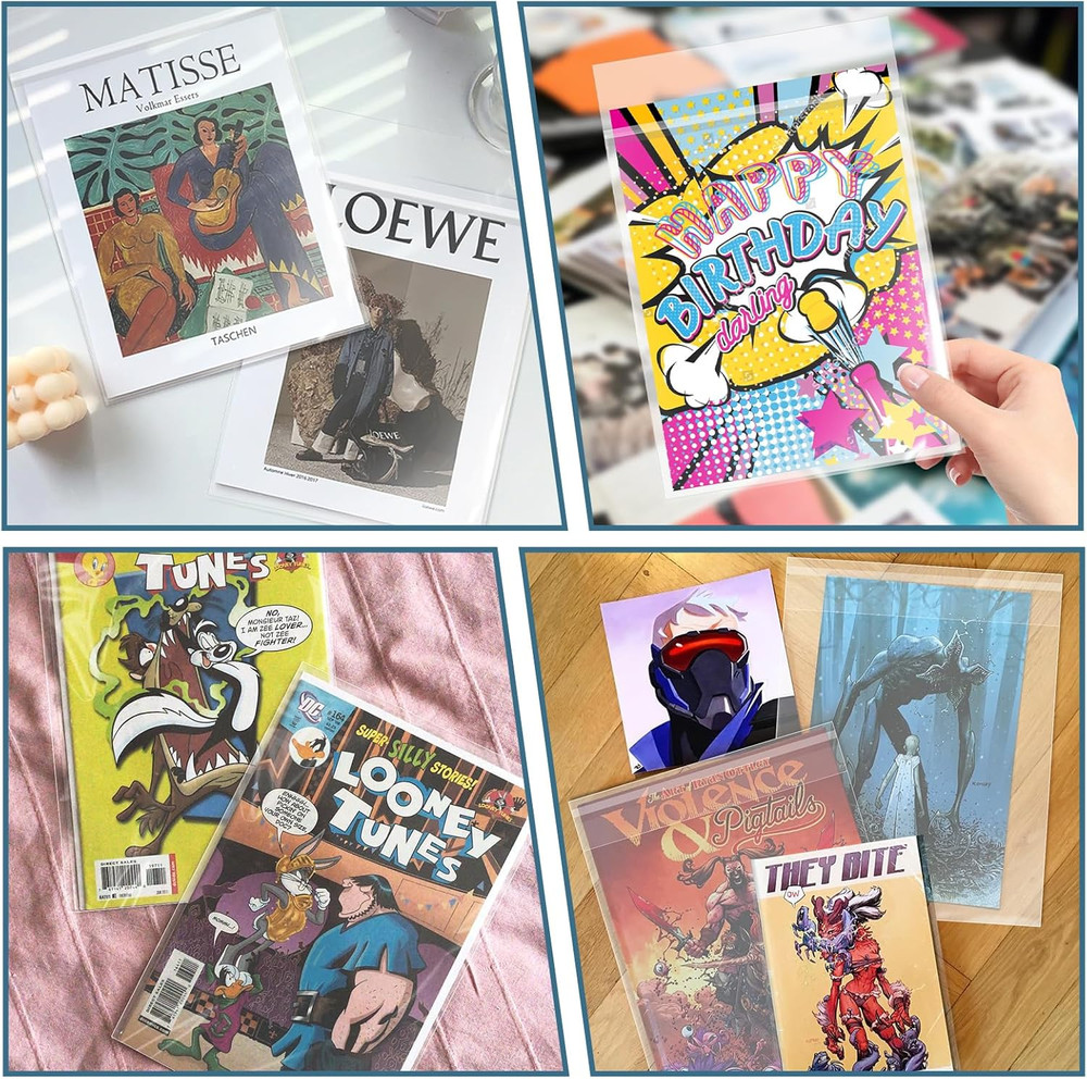 100 Pack Resealable Current Size Comic Book Bags, Crystal Clear Self Sealing Com