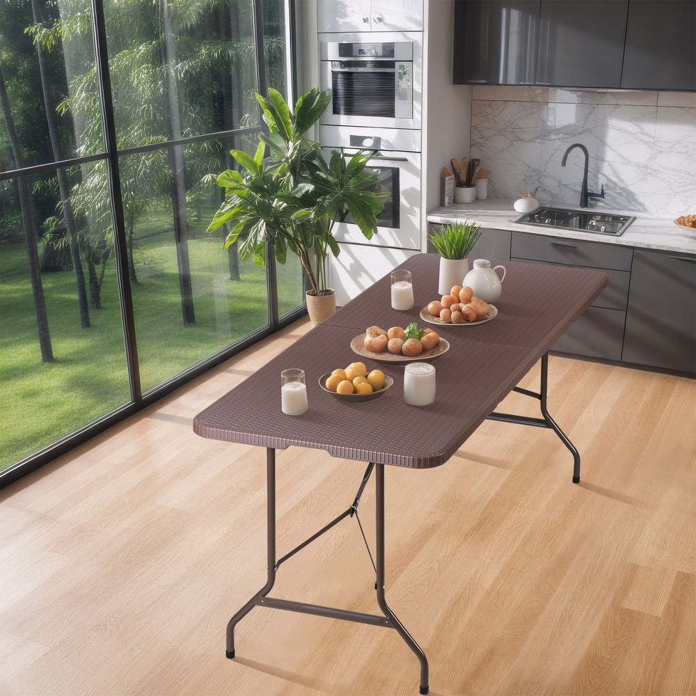 6FT Plastic Folding Table - Folds in Half w/ Carrying Handle Rectangular Brown
