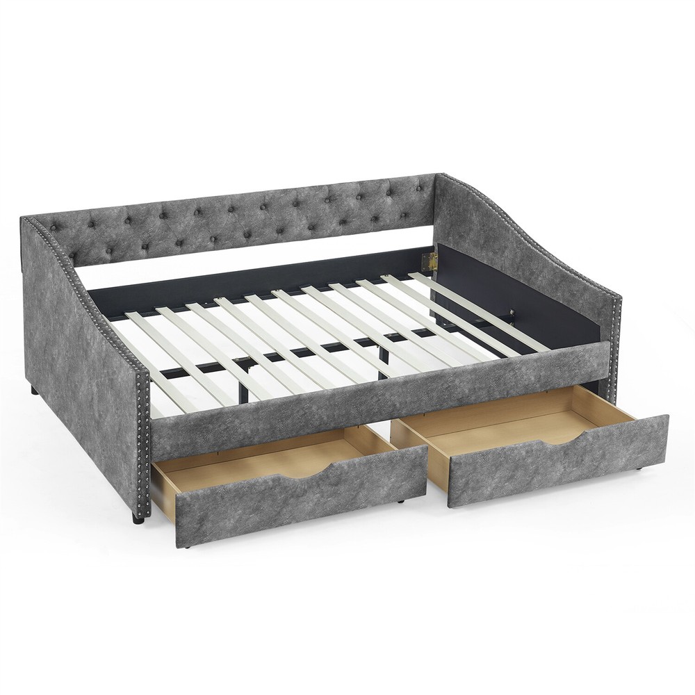 Full Size Daybed Upholstered Bed Frame Sofa Bed w/ 2 Storage Drawers US