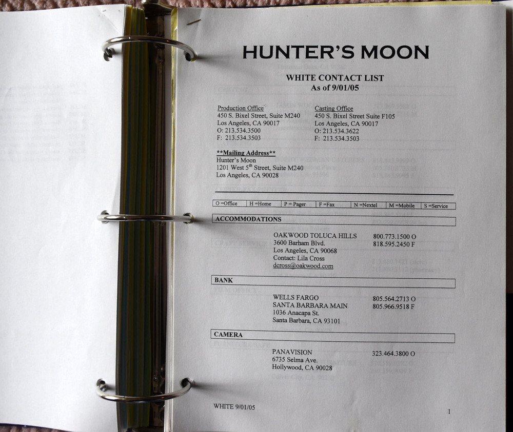 2005 Hunter's Moon Original Script + Crew List + Contact List