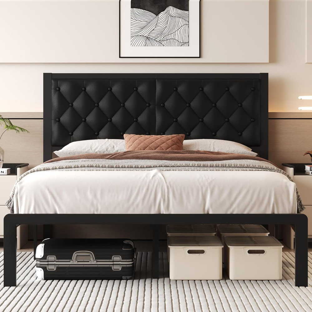 Queen Bed Frame with Headboard PU Leather Upholstered Bed Frame Platform,All Met