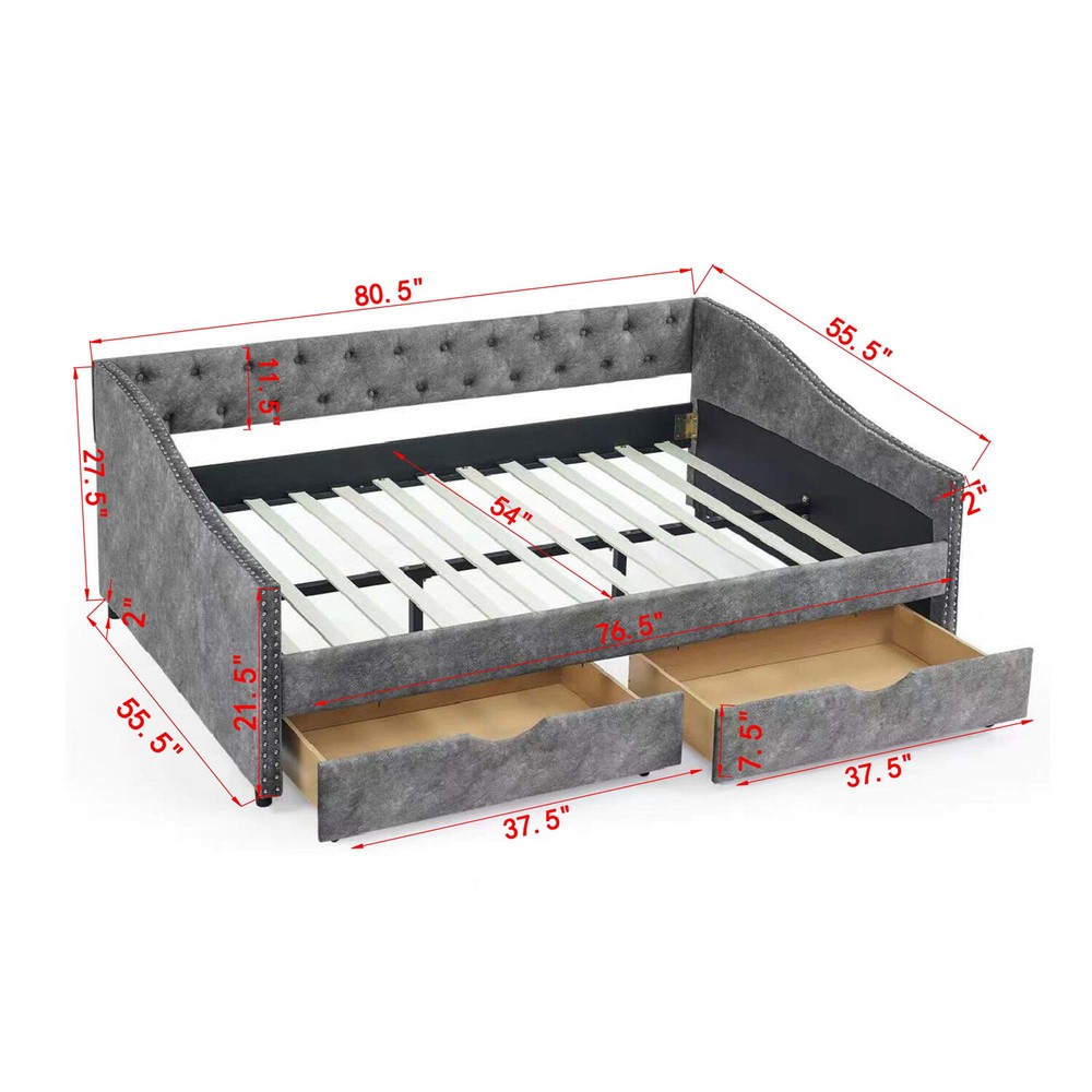 Full Size Daybed Upholstered Bed Frame Sofa Bed w/ 2 Storage Drawers US