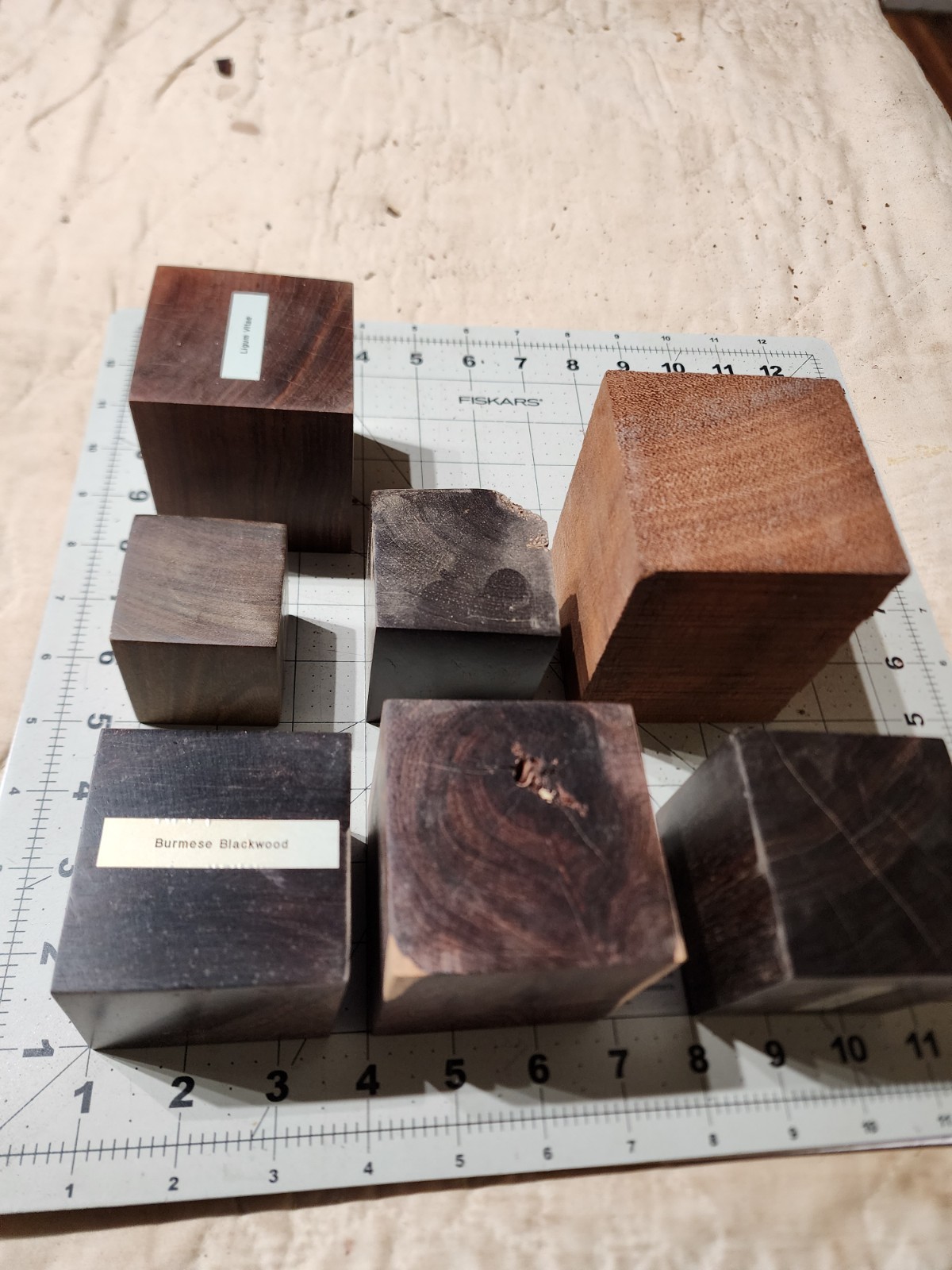 Seven Exotic Wood Cubes, 2 To 3" Square, For Turning Or Samples