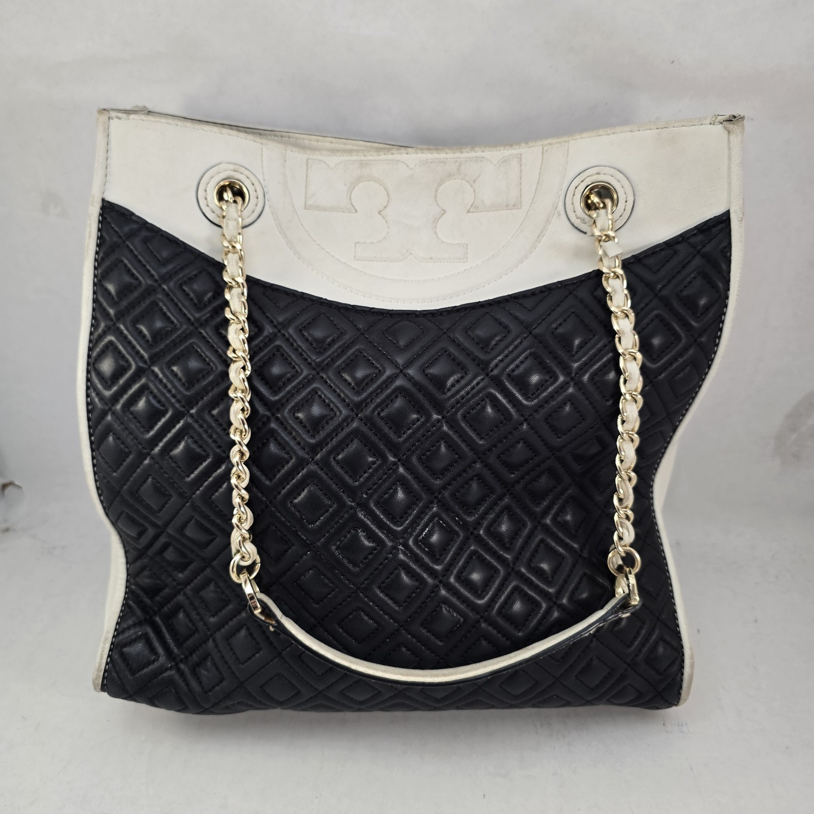 Tory Burch Fleming Quilted Leather Tote Black Ivory Chain Shoulder Bag
