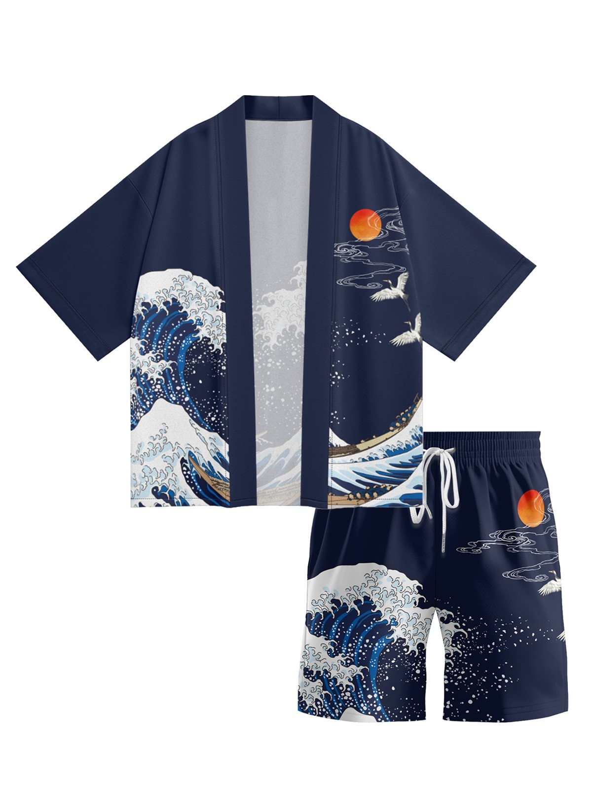 Niepce Japanese Graphic Kimono Cardigan Shirt with Lightweight Streetwear Shorts
