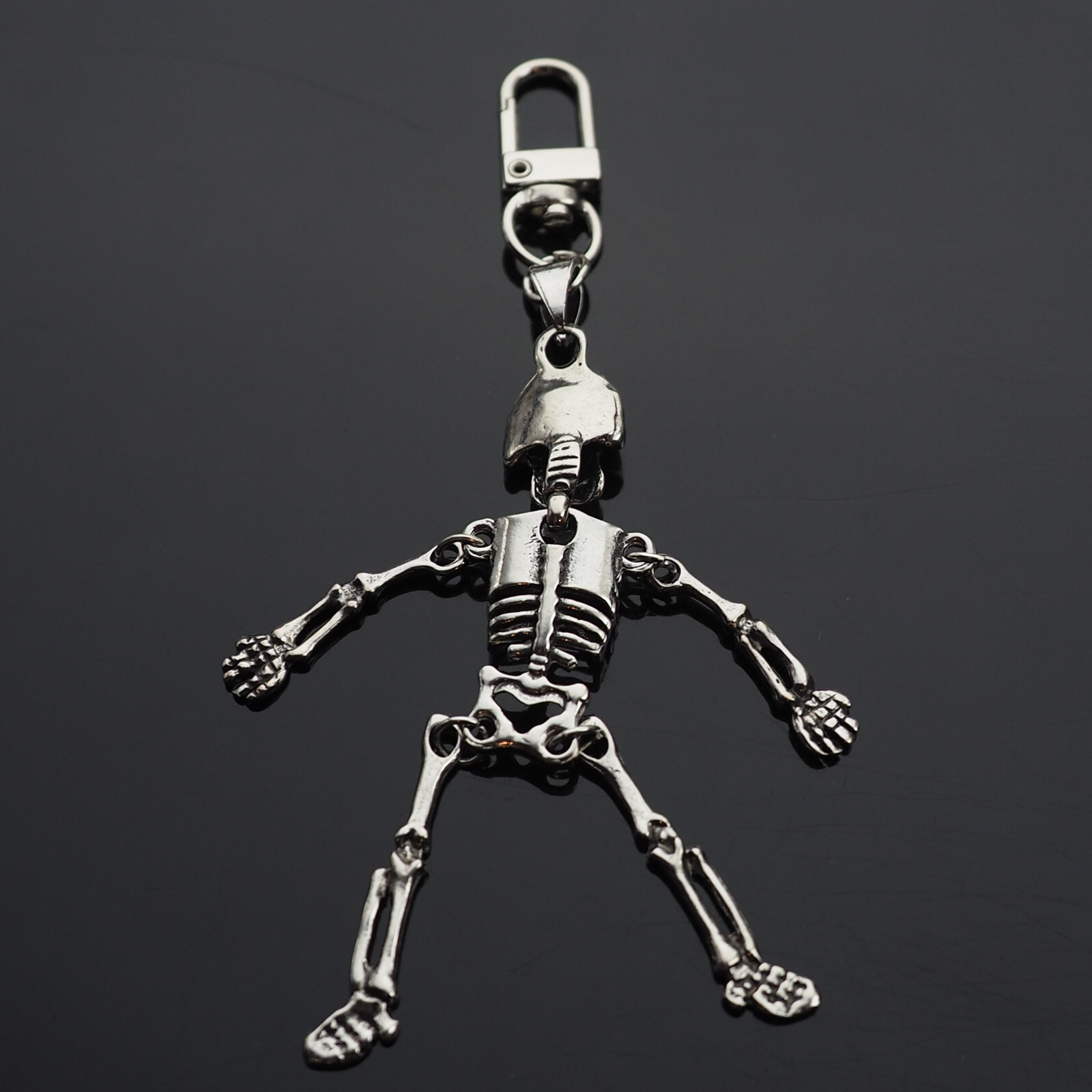 Vintage Silver Jointed Skeleton Bones Skull Charm Pendant Key Ring Clip Gift
