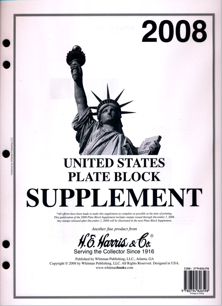 H E Harris US PLATE BLOCK Supplement for Stamp issued in 2008
