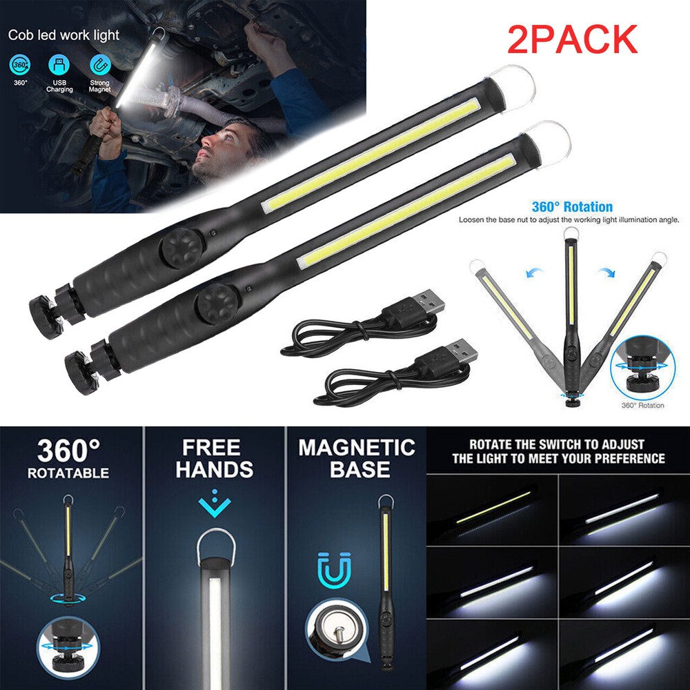2 Pack USB Rechargeable LED COB Work Light, Magnetic Base Torch for Mechanics