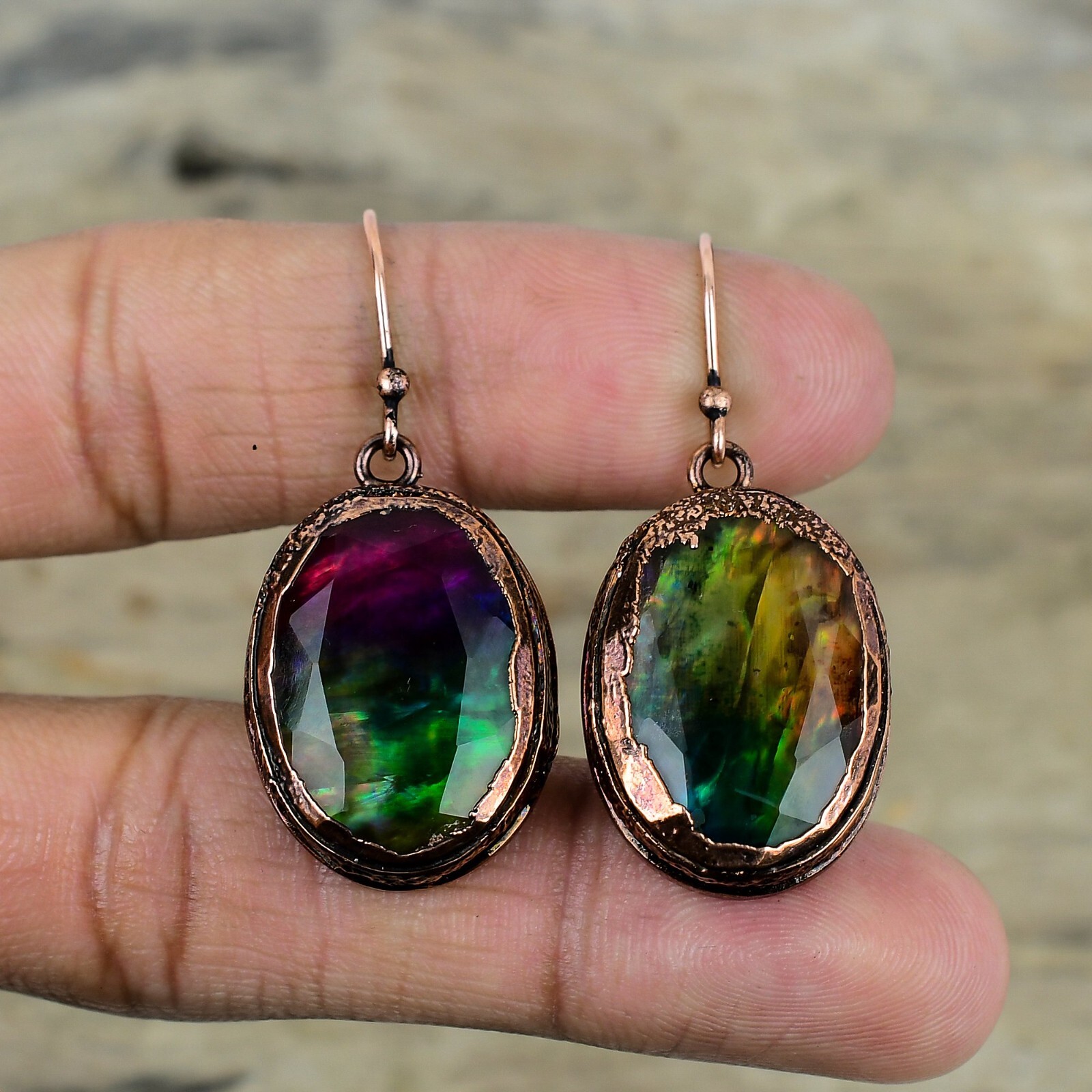 Ammolite Jewelry Copper Friend Gift Electroformed Drop/Dangle Earrings 1.85"