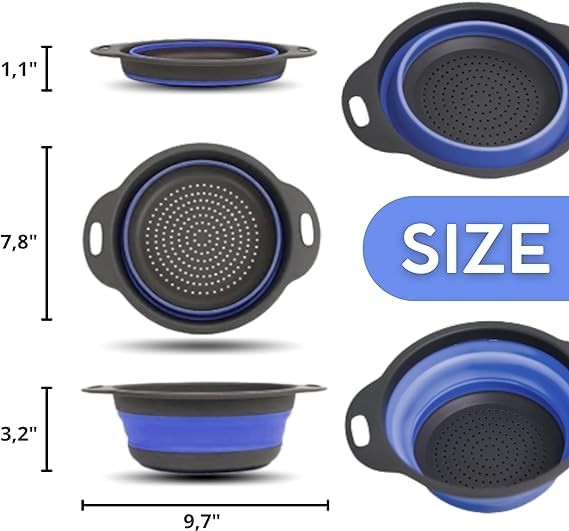 Blue Round Silicone Collapsible Kitchen Colander Plastic Handle Strainer