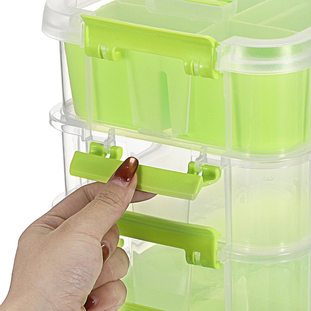 JUXYES 4-Tiers Stack Carry Storage Box With 2 Divided Tray, Transparent Stack...