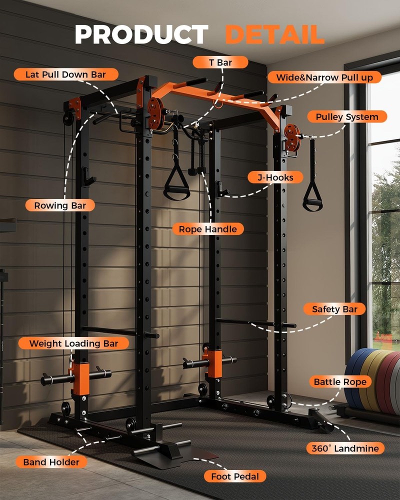 Power Cage 2000LBS Squat Rack for Home Gym Workout with Cable Crossover System