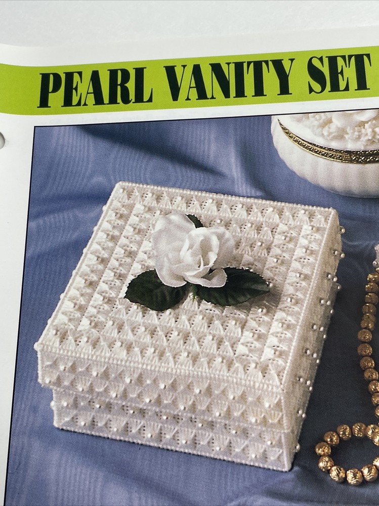 Annie's Attic Pearl Vanity Set Mirror Insert & Boxes Plastic Canvas Pattern