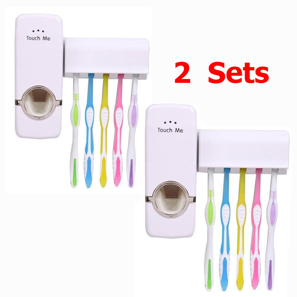 Automatic Toothpaste Dispenser + 5 Toothbrush Holder Set Wall Mount Stand 2 Sets