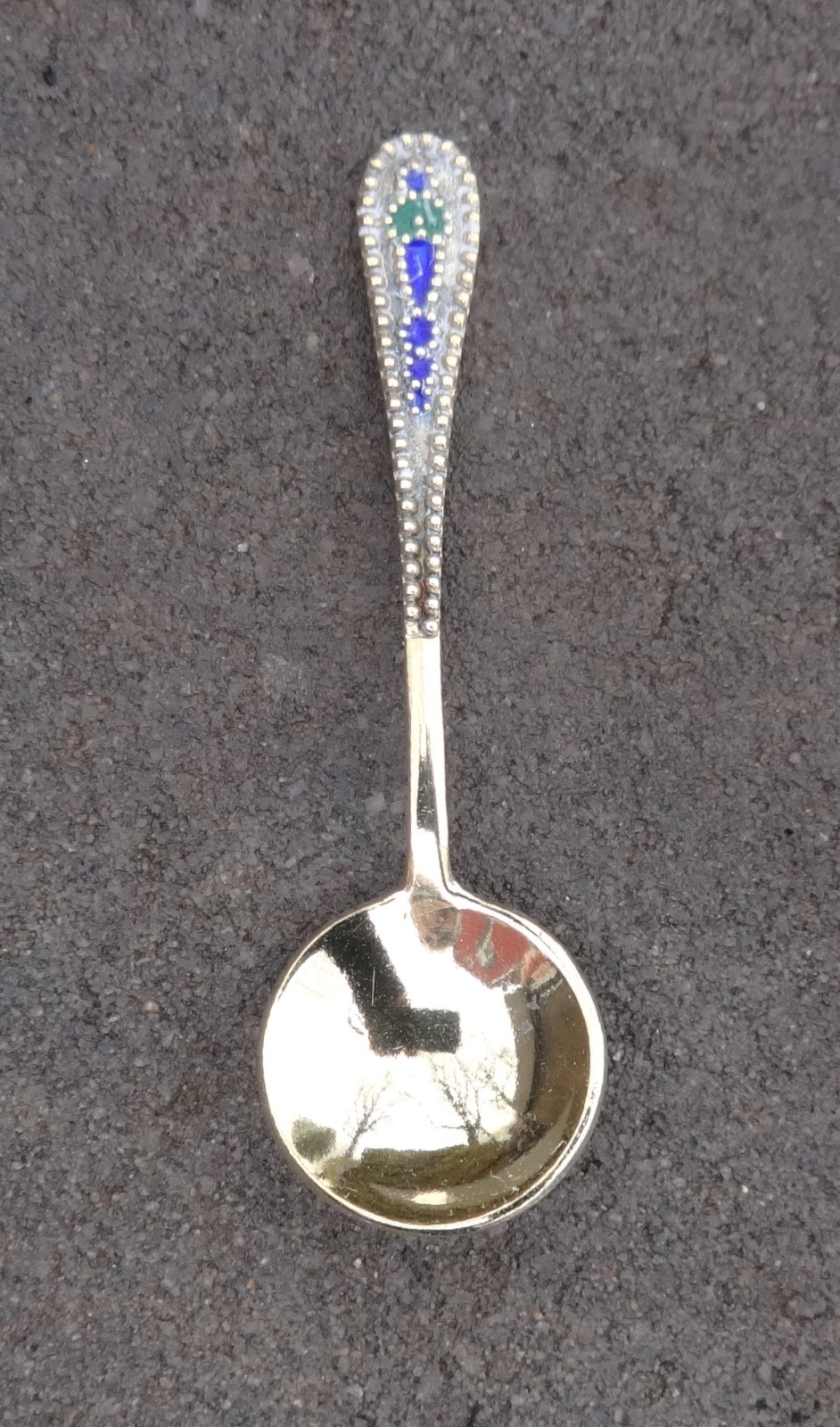 Enameled 875 Silver w/Gold Vermeil Russian Open Salt Dip, Cellar, Dish SPOON!