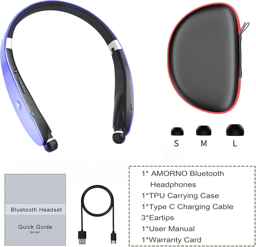 Foldable Bluetooth Headphones Wireless Neckband Headset with Retractable Earbuds