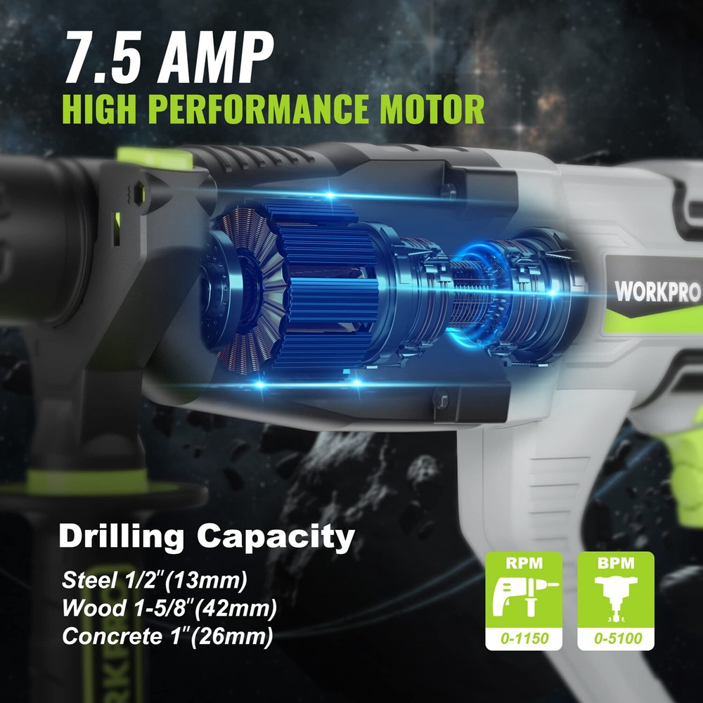 WORKPRO 7.5 AMP Lightweight Corded Premium SDS-Plus Rotary Hammer Drill 5PC Bits
