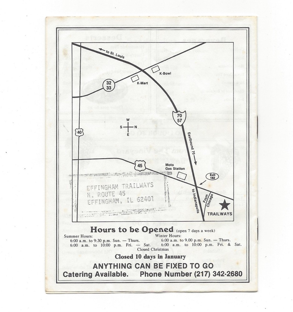 Effingham Trailways Restaurant Menu Effingham, Il