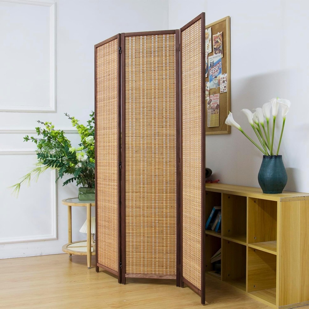 3 Panel Bamboo Room Divider Screen,5.6 FT Tall Bamboo Divider Folding Panel