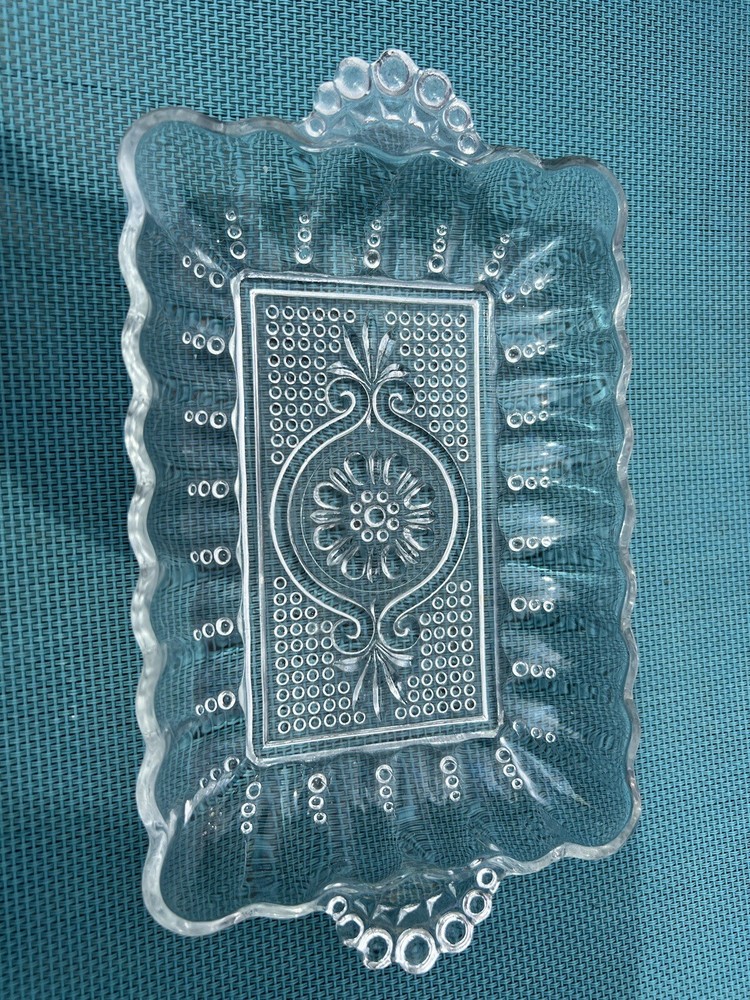 small rectangle shape crystal server with handles.  In good condition.