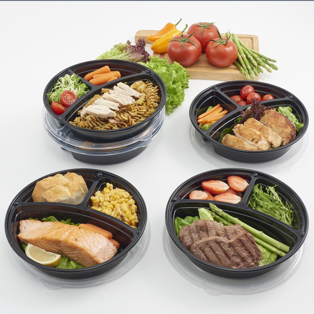 (4 pack) 3-Compartment 1L Round Meal Prep Food Storage Container, 5 Pack