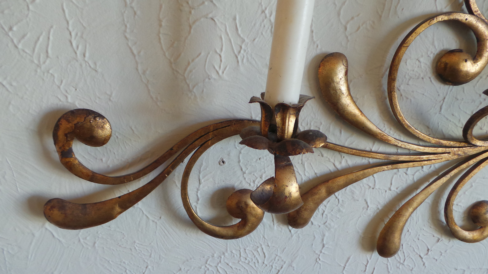 ANTIQUE ORIGINAL GILDED GOLD & METAL WALL SCONCE CANDLE HOLDERS