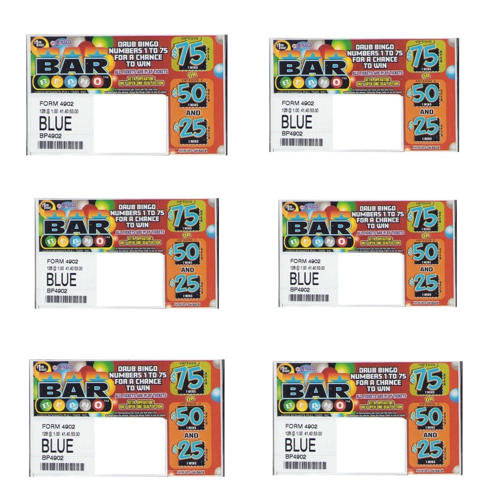 Pull Tab Ticket - Hard Card Tickets - Game - 6 Pack - Bar Beano - 128 ct ea